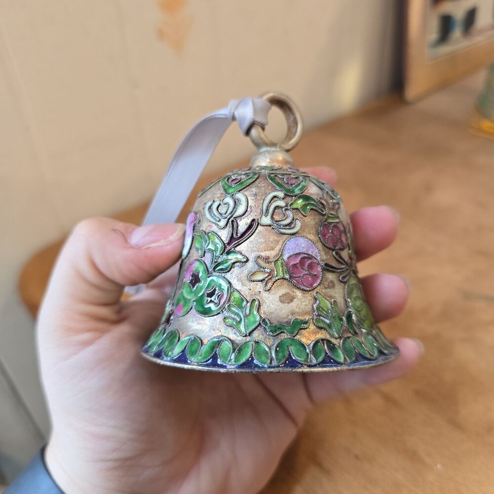 Cloisonné Enameled Ornament Molded Copper Bell with Fruit And Flowers NYCO - Picture 3 of 5